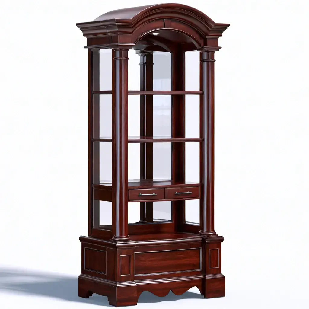 Vitrina con remate ornamental y cajón inferior - marrón