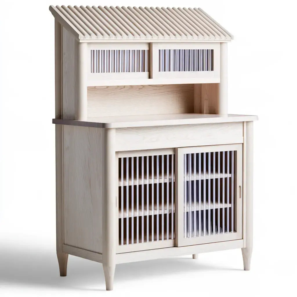 Aparador con estantes superiores y puertas de barrotes - beige