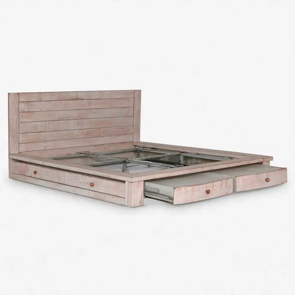 Cama con cabecero liso y cajones laterales - beige