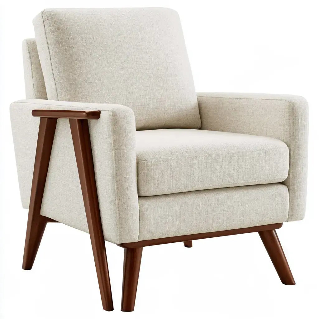 Sillón con estructura angular y cojines claros - beige/marrón